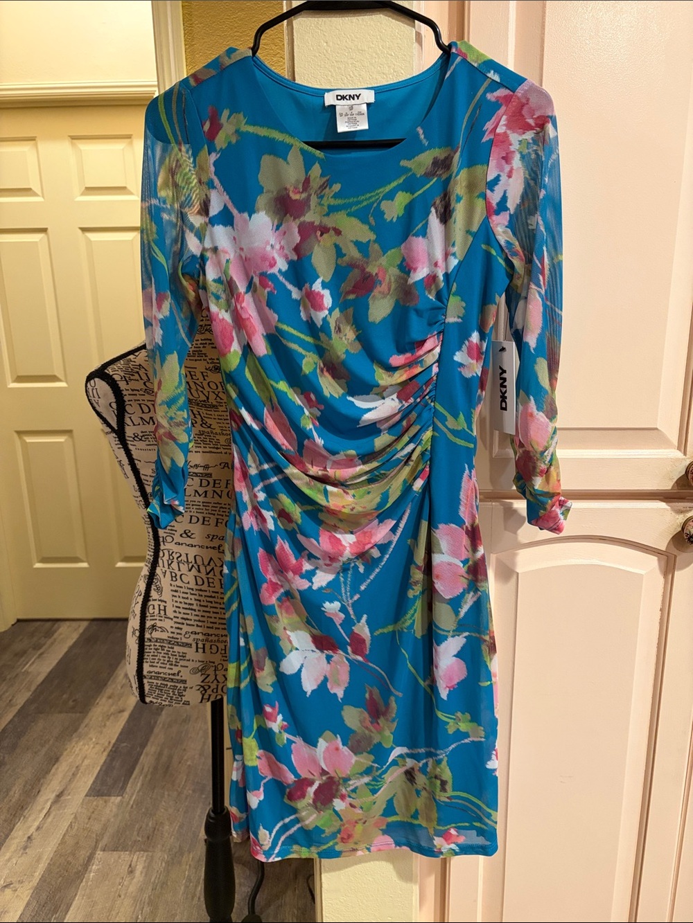 DKNY Teal Floral Ruched mesh sleeves body con Dress